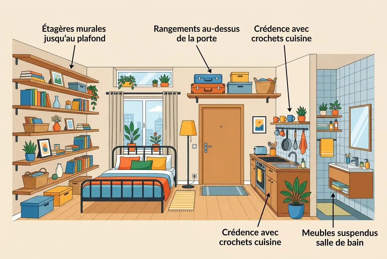 Étagères murales jusqu’au plafond, lit simple avec rangements intégrés et bureau, aménagement optimisé pour un aménagement petit appartement 20m2.