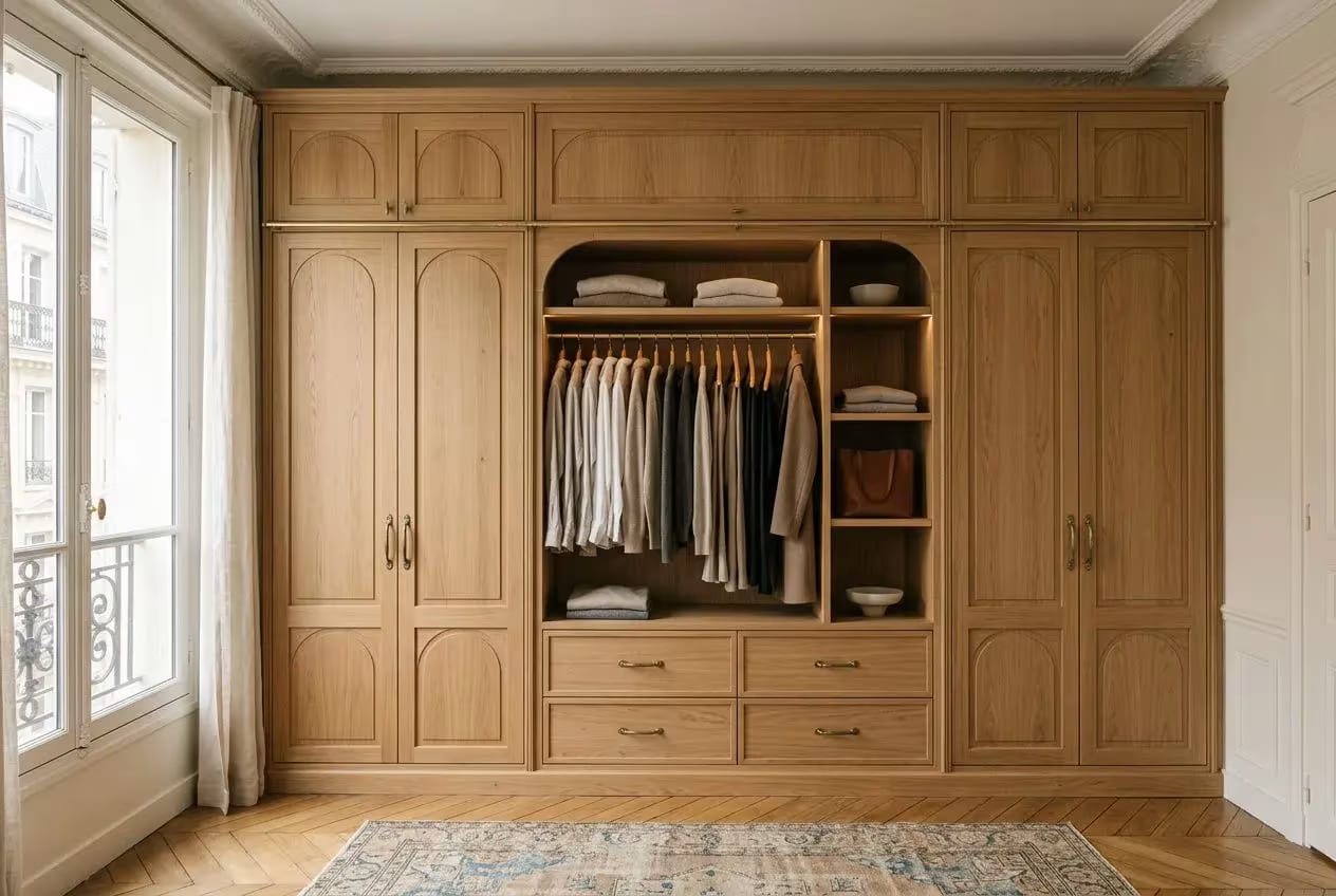 Grand dressing en bois naturel intégré sur mesure, avec penderie centrale, tiroirs et étagères ouvertes, dans une chambre lumineuse. agencement d intérieur paris.