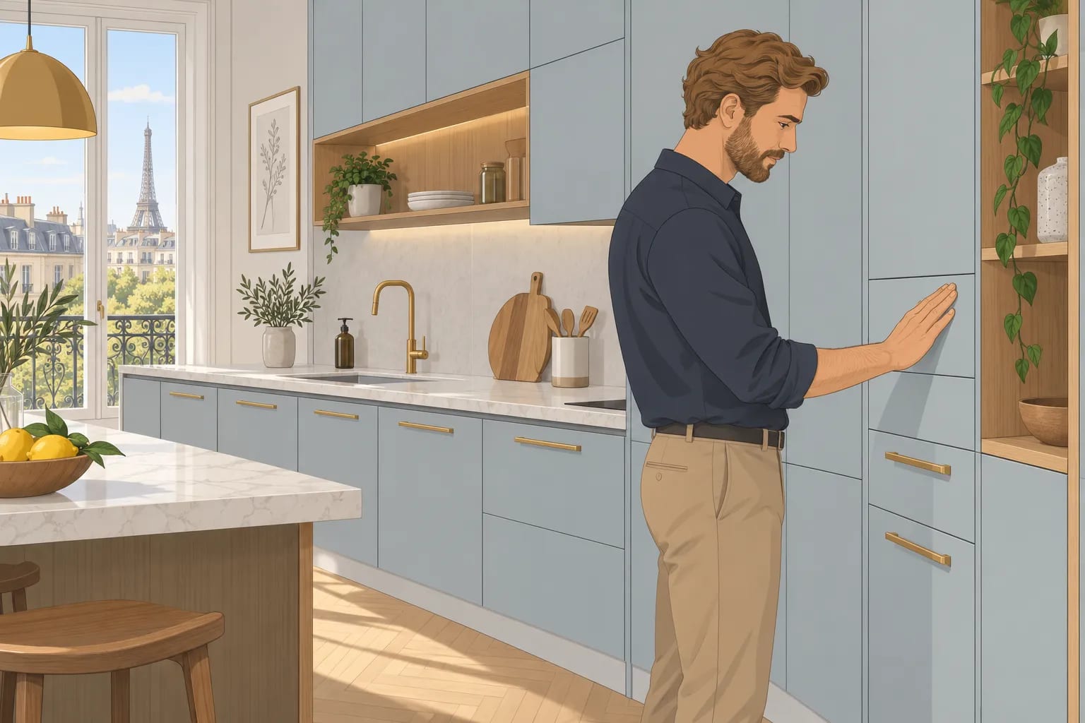 Un homme regarde et touche une porte d’un meuble de cuisine bleu gris dans une cuisine lumineuse.