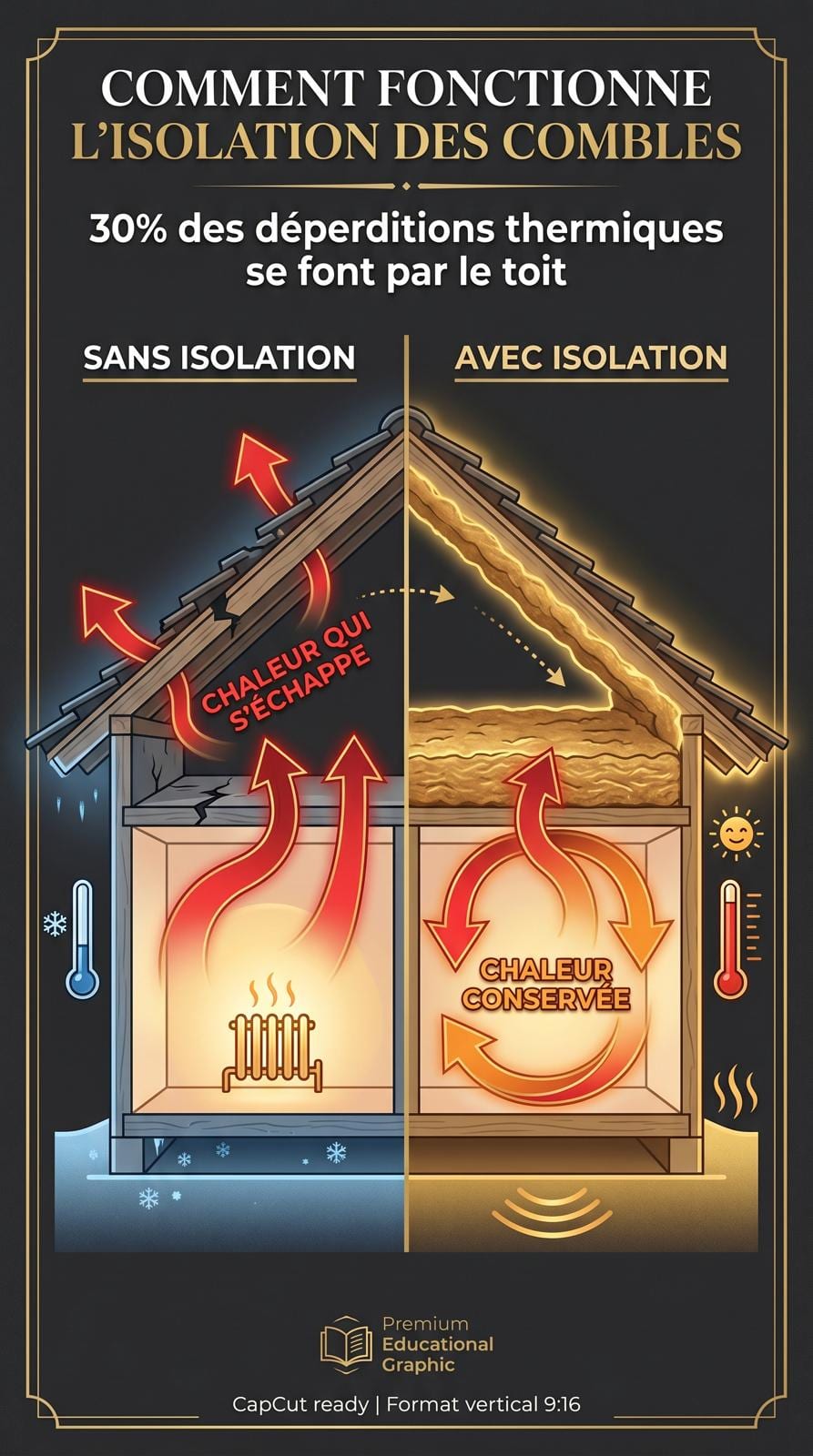 Schéma de l'isolation des combles, avec et sans isolation, et des déperditions de chaleur