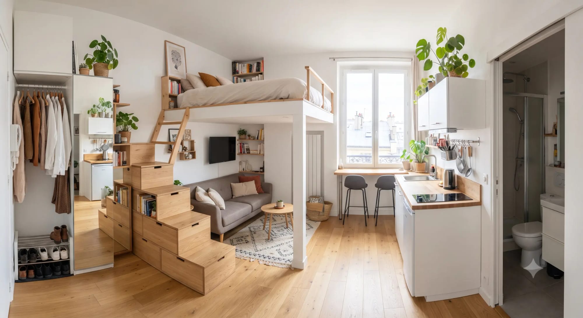 Mini-appartement modernisé avec lit en mezzanine, escalier en bois, coin salon, cuisine ouverte et rangements sur mesure.