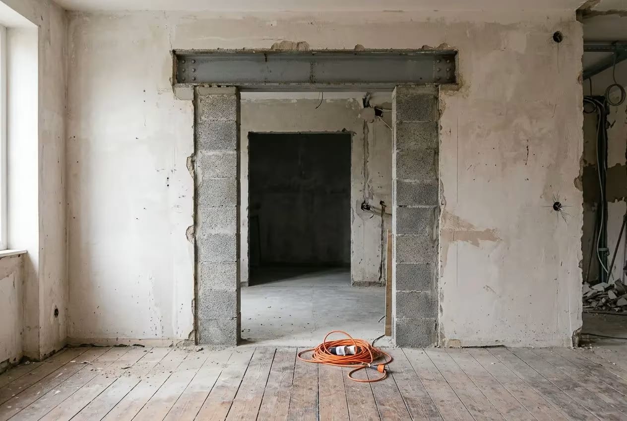 Ouverture de mur en construction avec cadres en blocs de béton et câbles orange au sol, intérieur brut à rénover. isolation thermique appartement dernier étage possible.