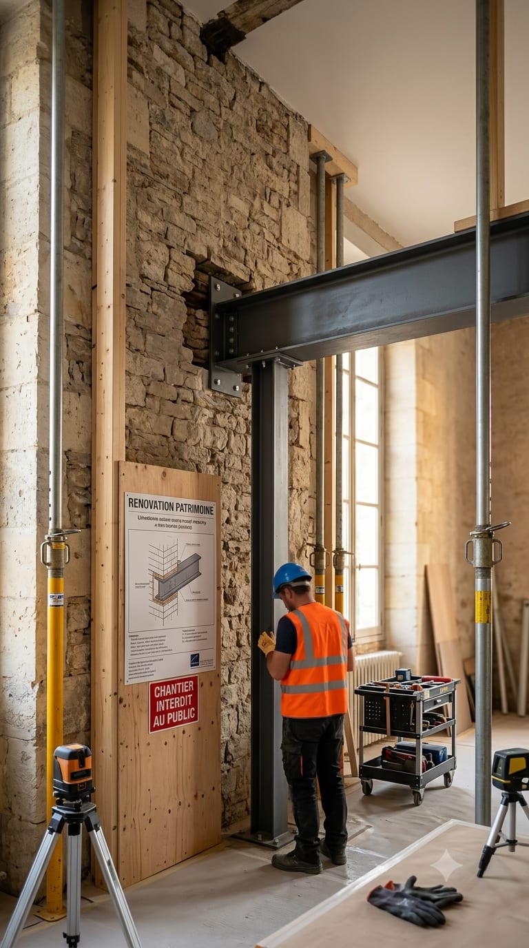 Ouvrier en gilet orange et casque bleu sur un chantier de rénovation, près d’un mur en pierre et une structure métallique; affiches et outils de construction visibles. intégrant la phrase clé: sélection entreprises rénovation fiables.