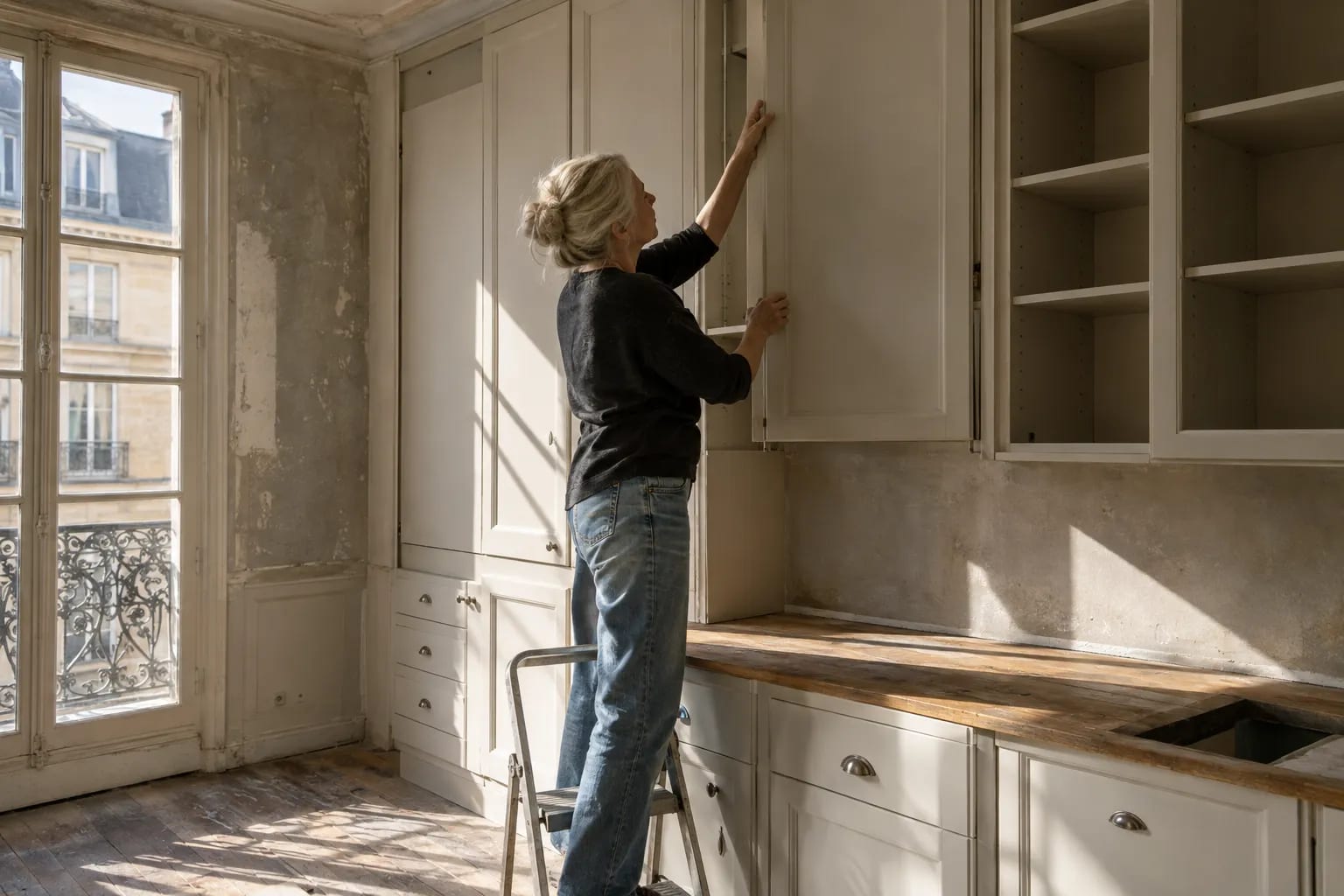 Personne debout sur un escabeau qui installe ou ajuste des meubles de cuisine sur mesure près d’une fenêtre dans une cuisine