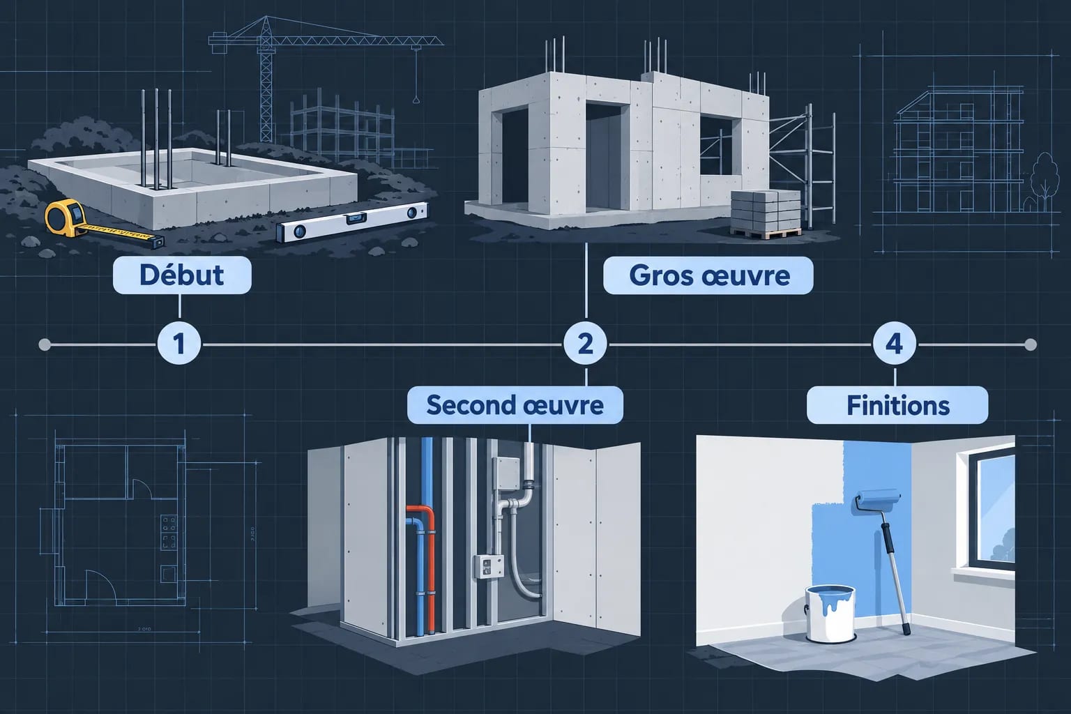 Plan de construction montrant les étapes Début, Gros œuvre, Second œuvre et Finissions sur une ligne du plan.