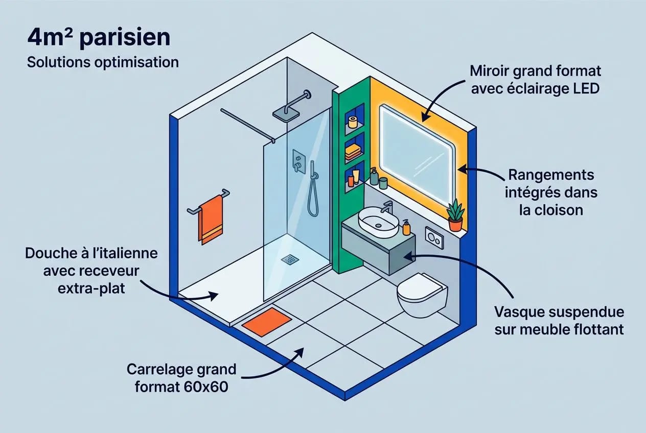 Plan d’une salle de bain urbaine de 4m² avec douche, lavabo, wc, rangements intégrés et carrelage grand format 60x60, prêt pour rénovation salle de bain paris 15.