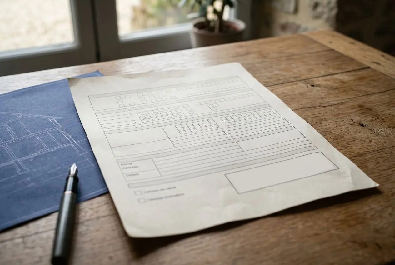 Plan et formulaire sur une table en bois, stylo à côté, sujet lié à l’accompagnateur rénov', question: « accompagnateur rénov est-il obligatoire » pour MaPrimeRénov’.