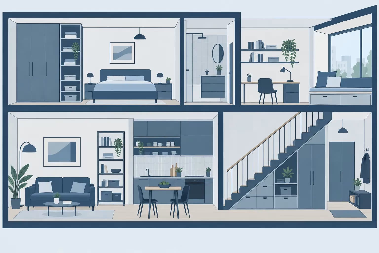 Plan intérieur d’un appartement divisé en plusieurs pièces avec salon, cuisine, chambre, salle de bain et coin bureau,