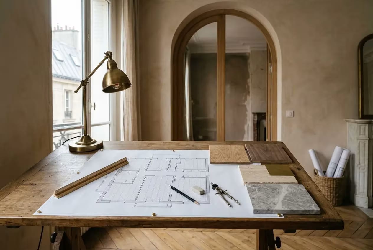 Plan de travail avec esquisses et outils, prêt à concevoir l’isolation thermique appartement dernier étage.