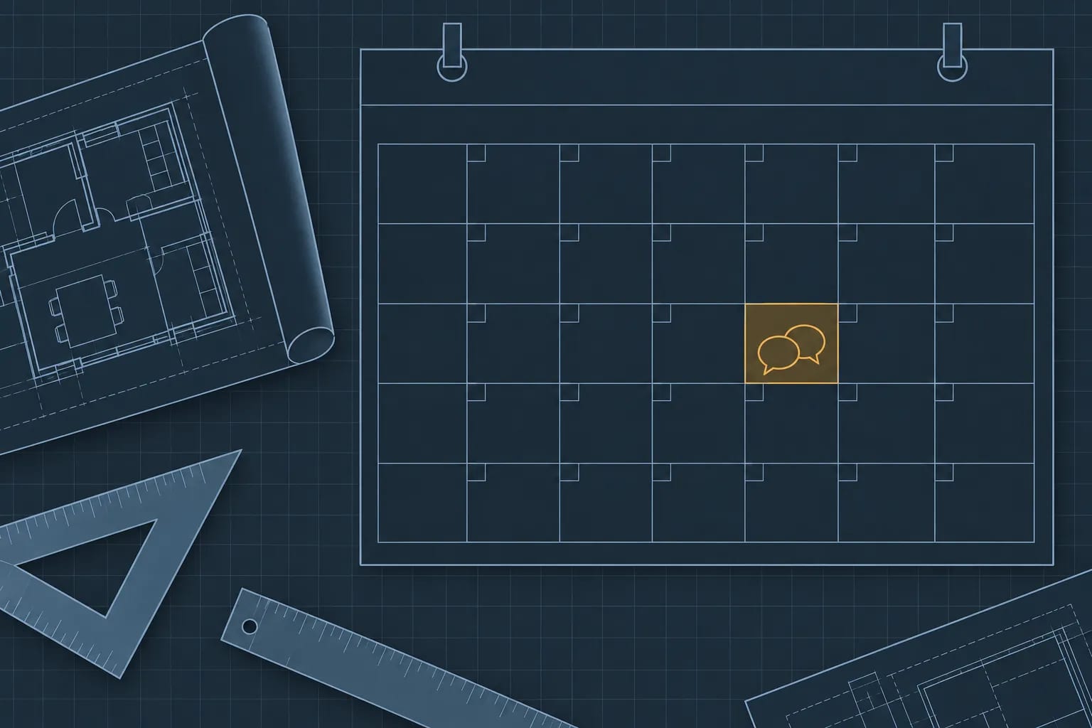 Planche technique et planning de chantier sur un calendrier avec outils de dessin en arrière-plan.