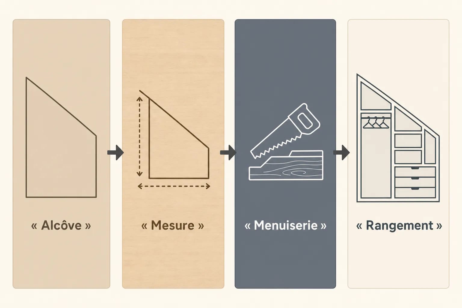 Processus d’agencement intérieur appartement paris: alcôve, mesure précise, menuiserie et rangement sur plans détaillés.
