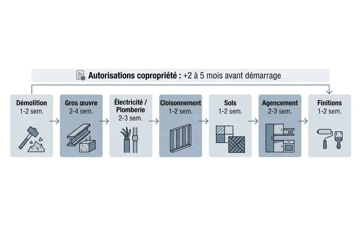 Processus illustré de rénovation: démolition, gros œuvre, électricité/plomberie, cloisonnement, sols, agencement et finitions, avec autorisations copropriété.