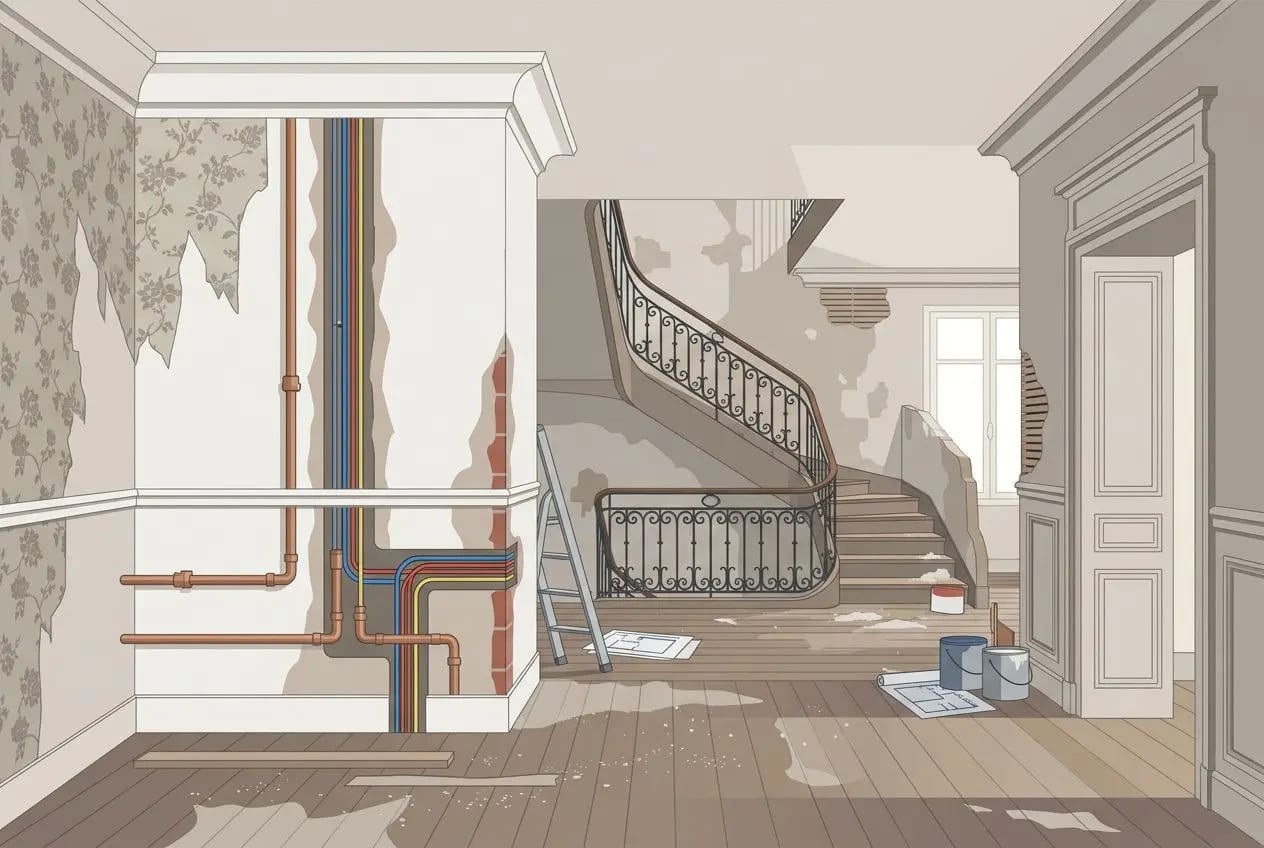 Rénovation d’intérieur en cours dans un appartement, escaliers en fer forgé et murs partiellement dépouillés, présentoirs et outils au sol, avec gaines et canalisations apparentes près d’un mur. au m2 rénovation complète appartement