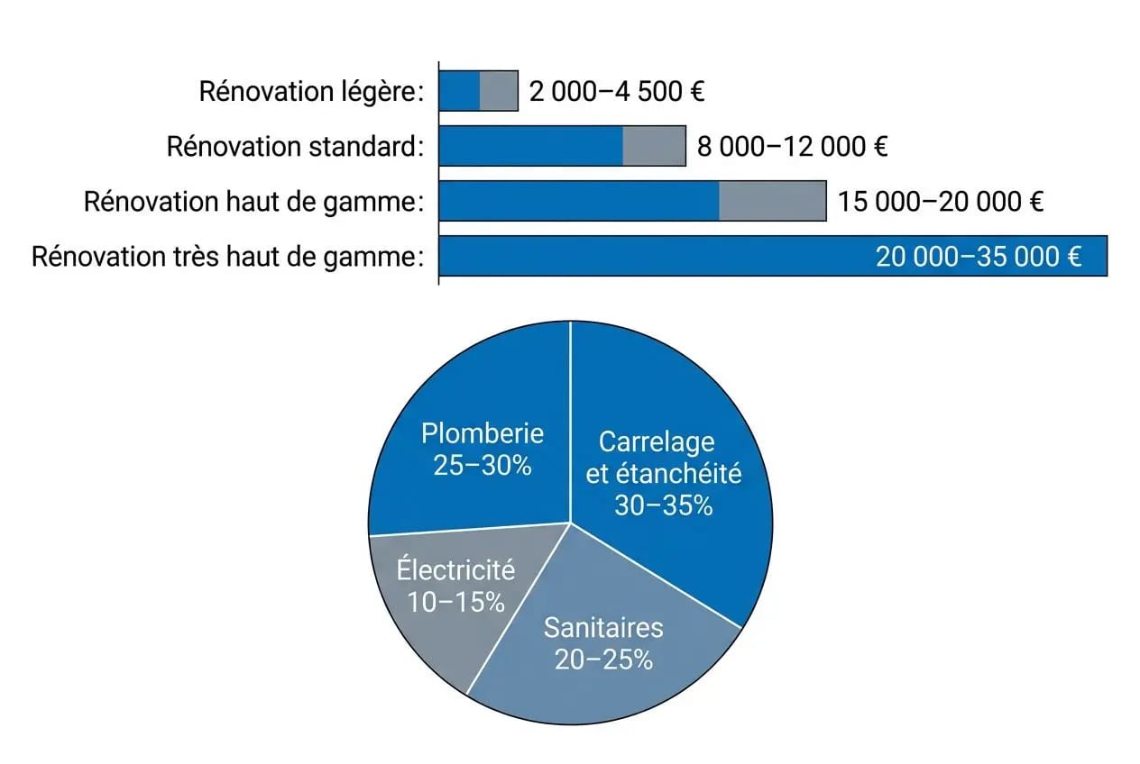 Rénovation salle de bain petit : graphique montrant coûts selon niveaux, et répartition secteur.