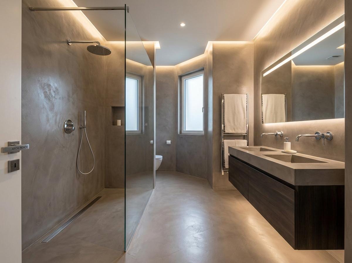 Salle de bain moderne avec douche à l’italienne en verre et lavabo double sur meuble bois, éclairage indirect lumineux et murs en béton ciré salle de bain.