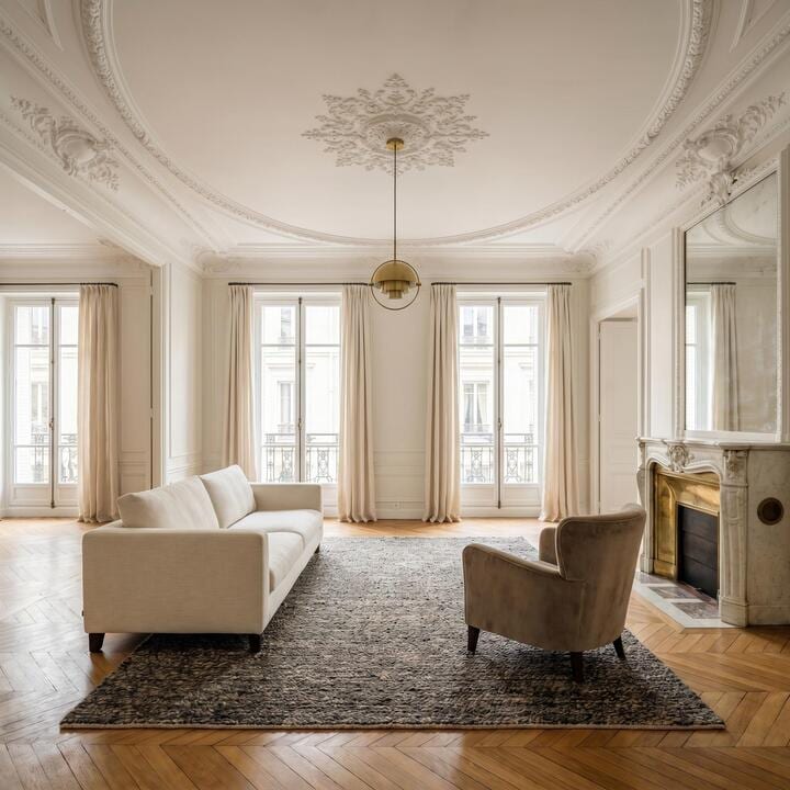 Salon classique lumineux avec grands fenêtres, canapé blanc, fauteuil beige, tapis sombre sur parquet, foyer sculpté et miroirs muraux. Rénovation complète appartement Paris.