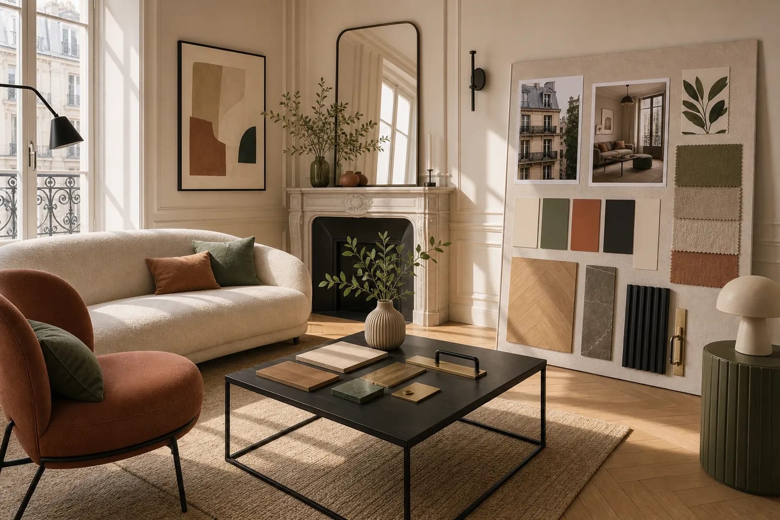 Salon esthétiquement agencé avec canapé clair, fauteuil orange, table basse noire et plantes; panneaux et moodboard de couleurs près de la cheminée. agencement intérieur appartement paris.