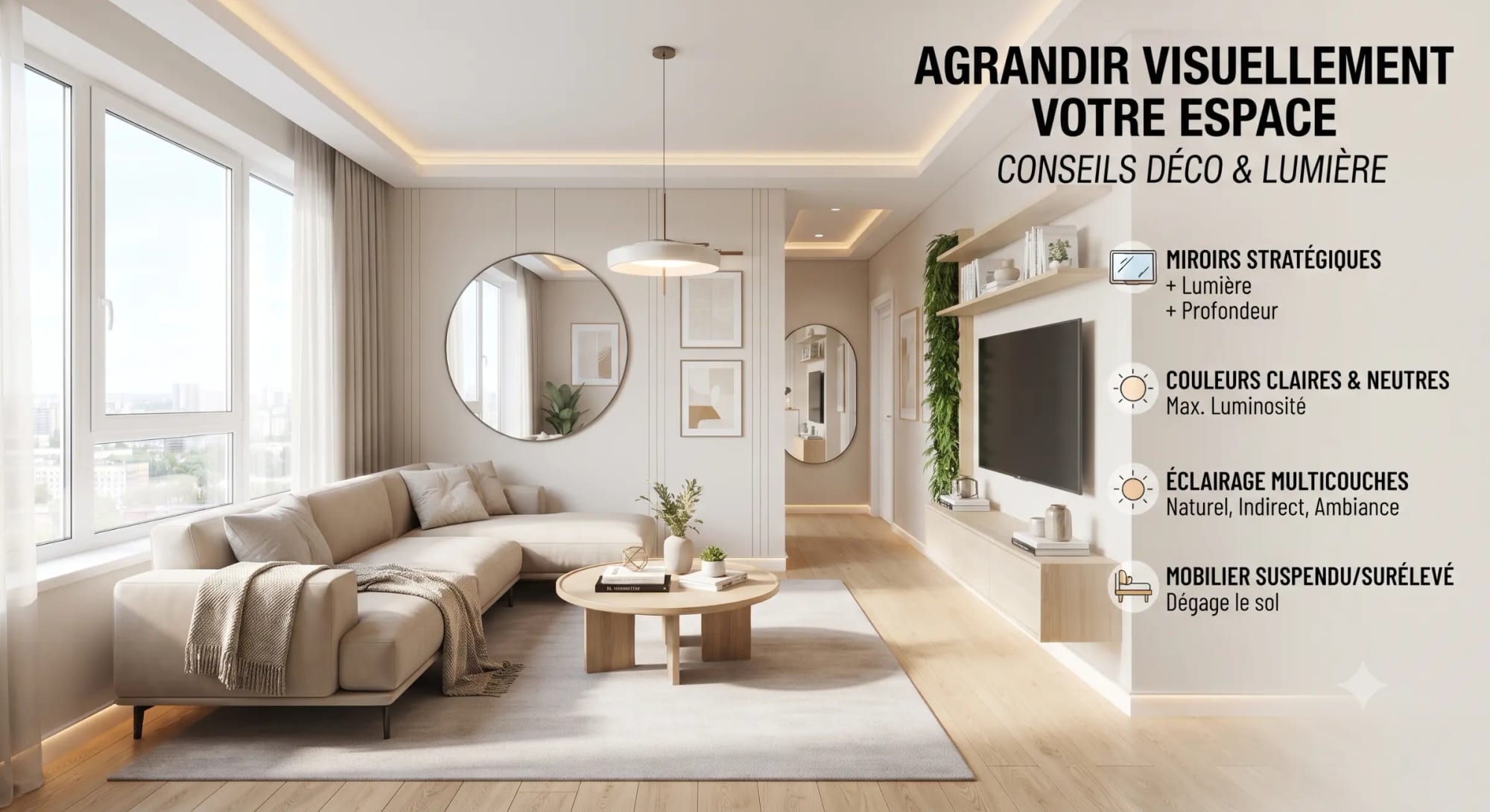 Salon lumineux au décor moderne avec canapé beige et miroir