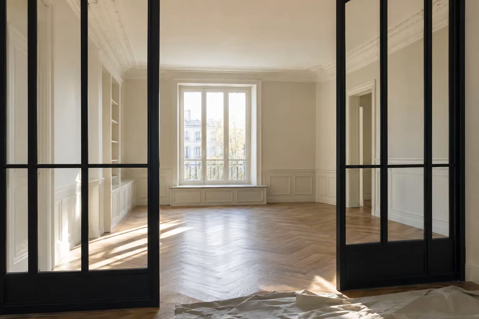 Salon lumineux au parquet en chevrons et grandes fenêtres, visibles à travers des portes vitrées noires séparant les espaces.
