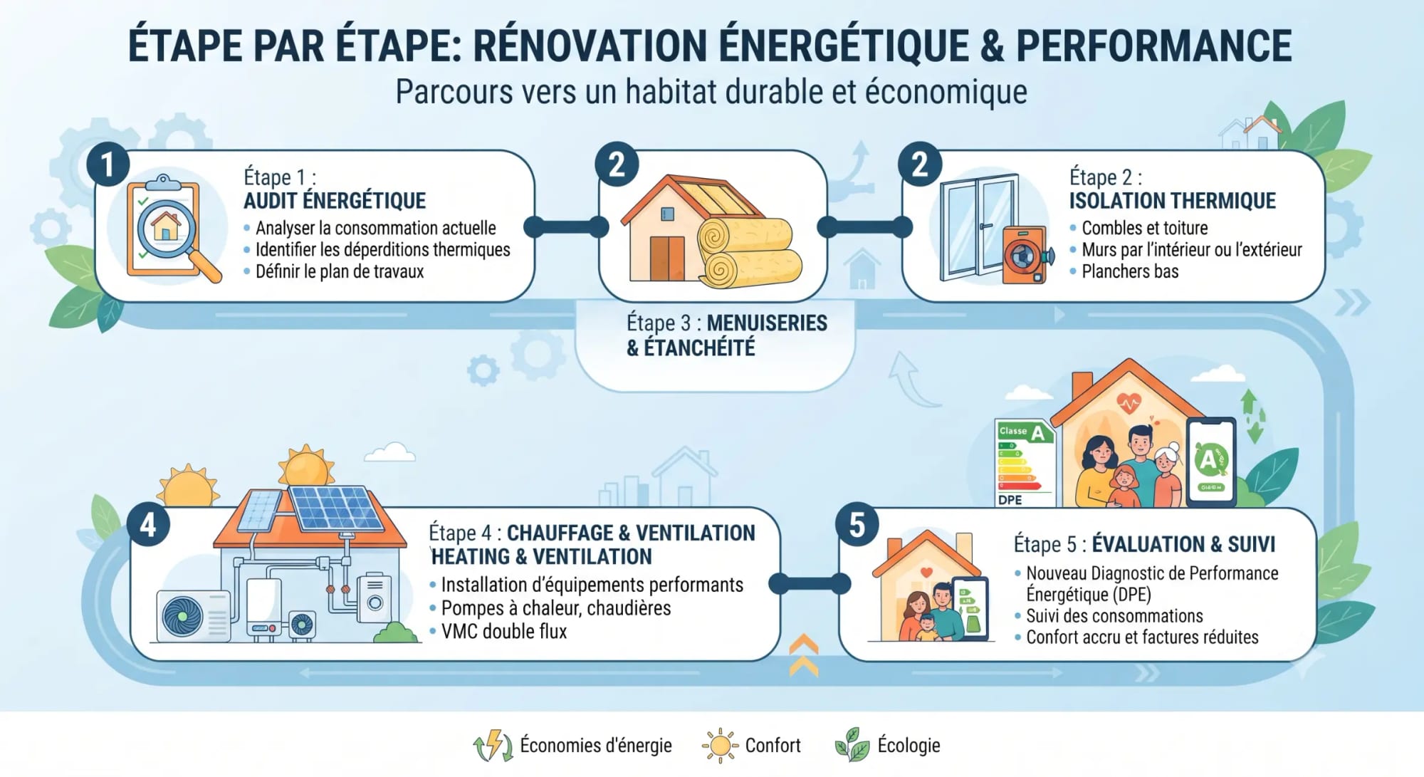 Schéma étape par étape sur la rénovation énergétique et performance: déroulement, avec étapes d’audit énergétique, menuiseries et étanchéité, isolation thermique, chauffage et ventilation, et évaluation & suivi. Pilotage ou architecte pour rénovation: rôle et missions guidant le maître d’ouvrage.